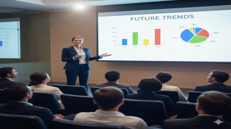 Um mullher vestida socialmente de frente para uma apresentação fazendo uma palestra