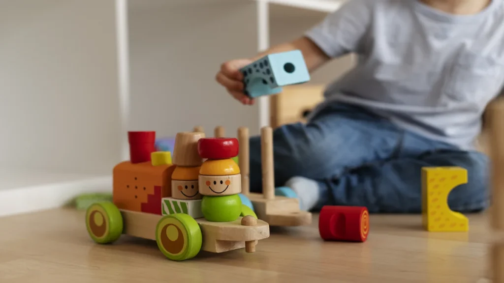 garoto brincando com brinquedos de madeira de encaixar